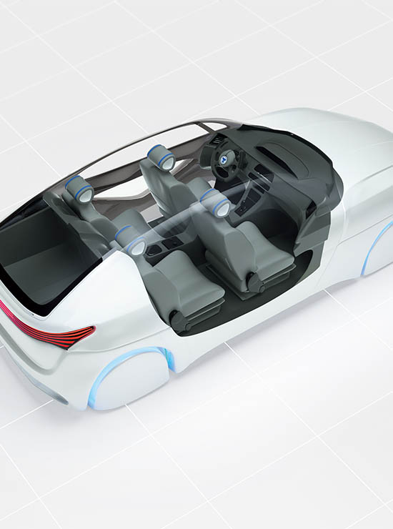 JUMBO-TEXTIL || METALL KUNSTSTOFF CHEMIE UND WEITERE BRANCHEN - Ihre Branche: 3D-Animation eines weißen Autos und Fahrzeuginnenraum, leicht futuristische Darstellung